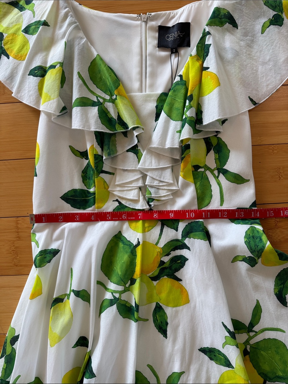 White Lemon-Print High-Low Ruffle Dress with Green Leaves - Picture 4 of 7
